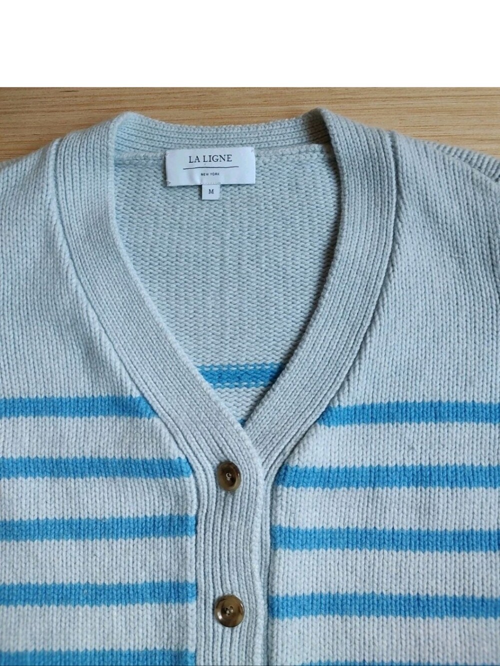 LA Ligne Mini Marin Striped Cardigan Wool Cashmere Blue Buttons Chunky Crop M - Picture 10 of 16